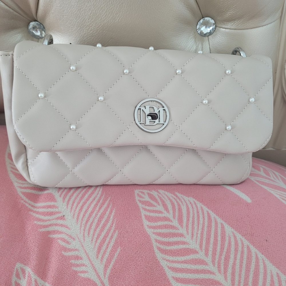 Badgley Mischka Round letter lock crossbody bag with pearls